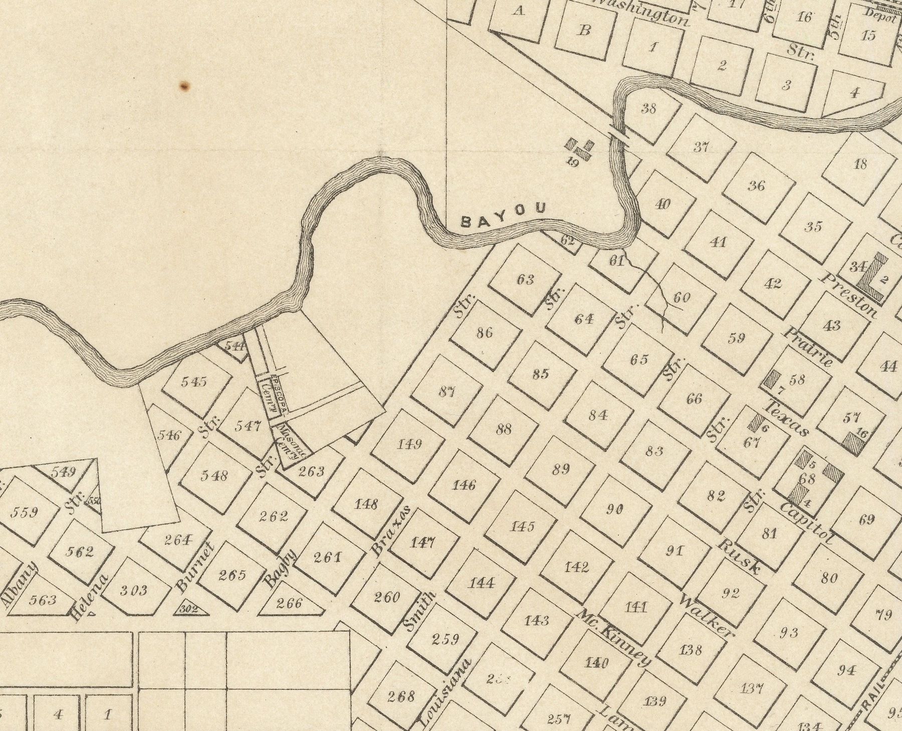 Baptist Hill on an 1866 map of Houston.