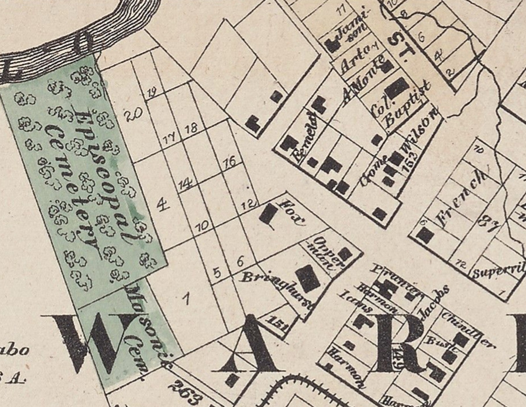 Baptist Hill on an 1869 map of Houston.