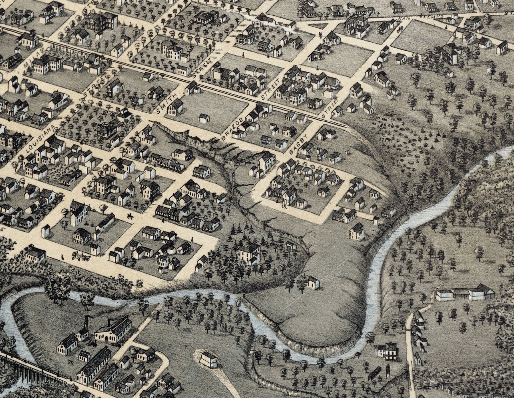 Baptist Hill on Augustus Koch’s 1873 Bird’s Eye Map of Houston.