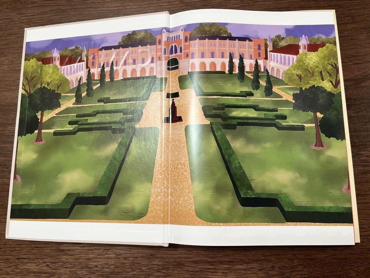 Front endpaper of the Rice University 2024 yearbook showing an artistic view of the academic quad