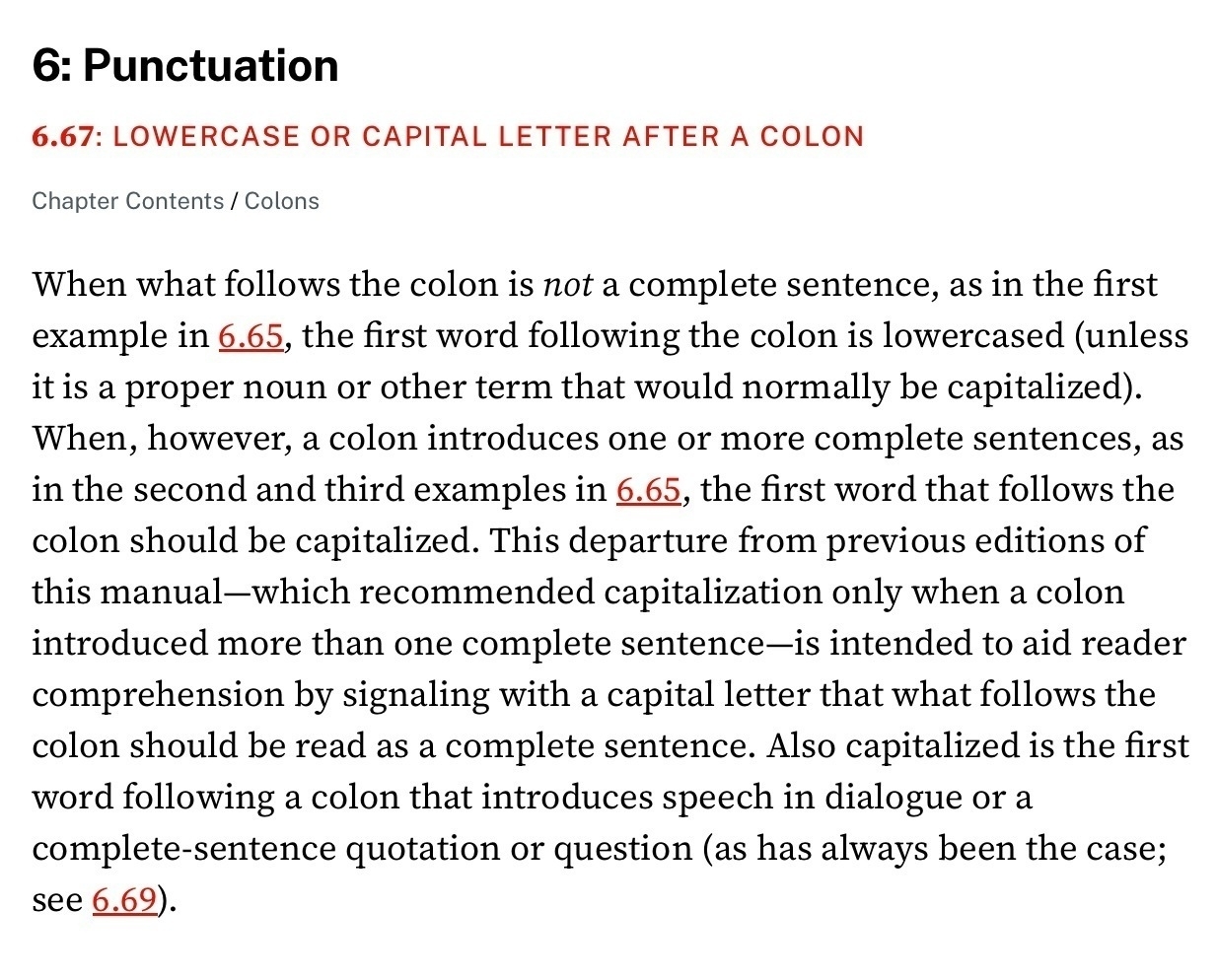 A screenshot of a section from the Chicago Manual of Style on capitalization of letters following colons.