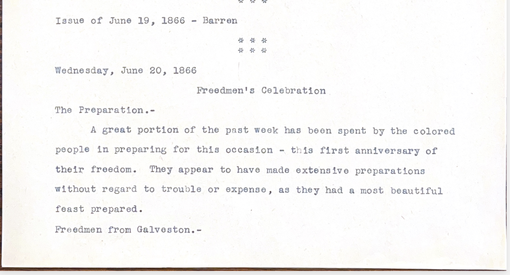 Photograph of some old, typed notes about a newspaper article from June 20, 1866