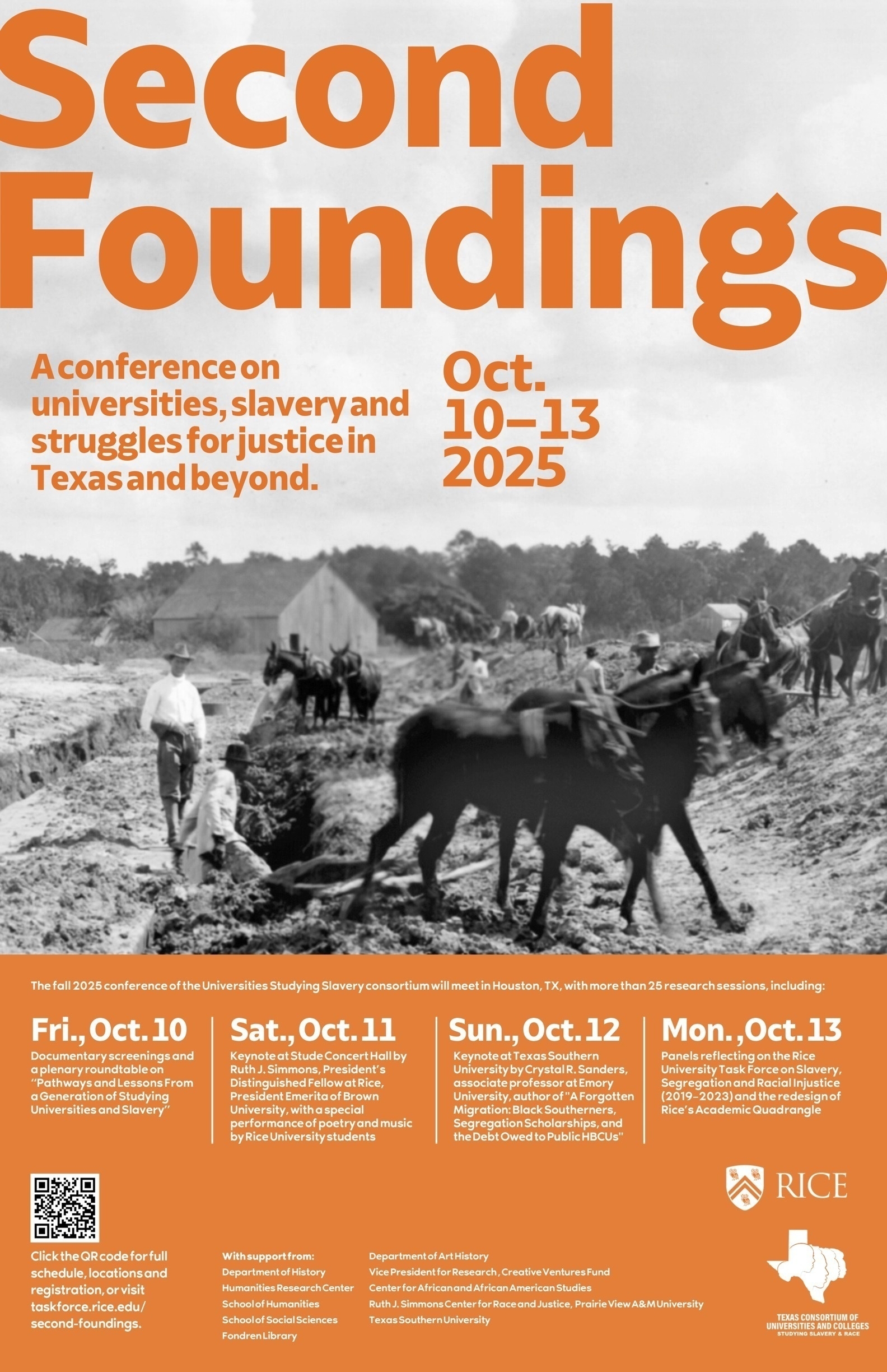 This poster announcing the Second Foundings conference shows a historic photo of a construction crew at Rice University from the early 1900s and details about featured sessions at the conference, October 10-13 in Houston.