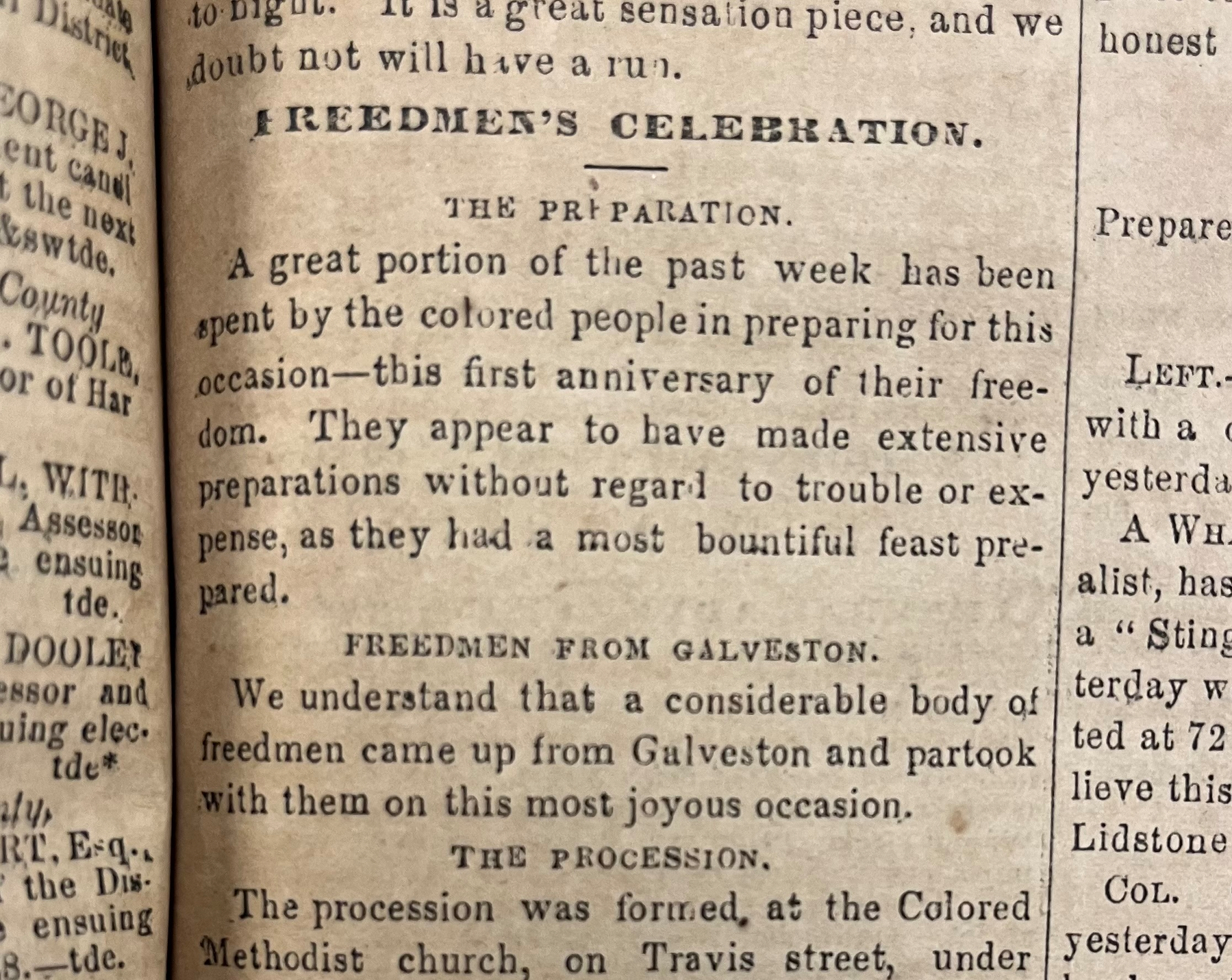 Excerpt from the article “Freedmen’s Celebration” in the Houston Daily Evening Star from June 20, 1866.