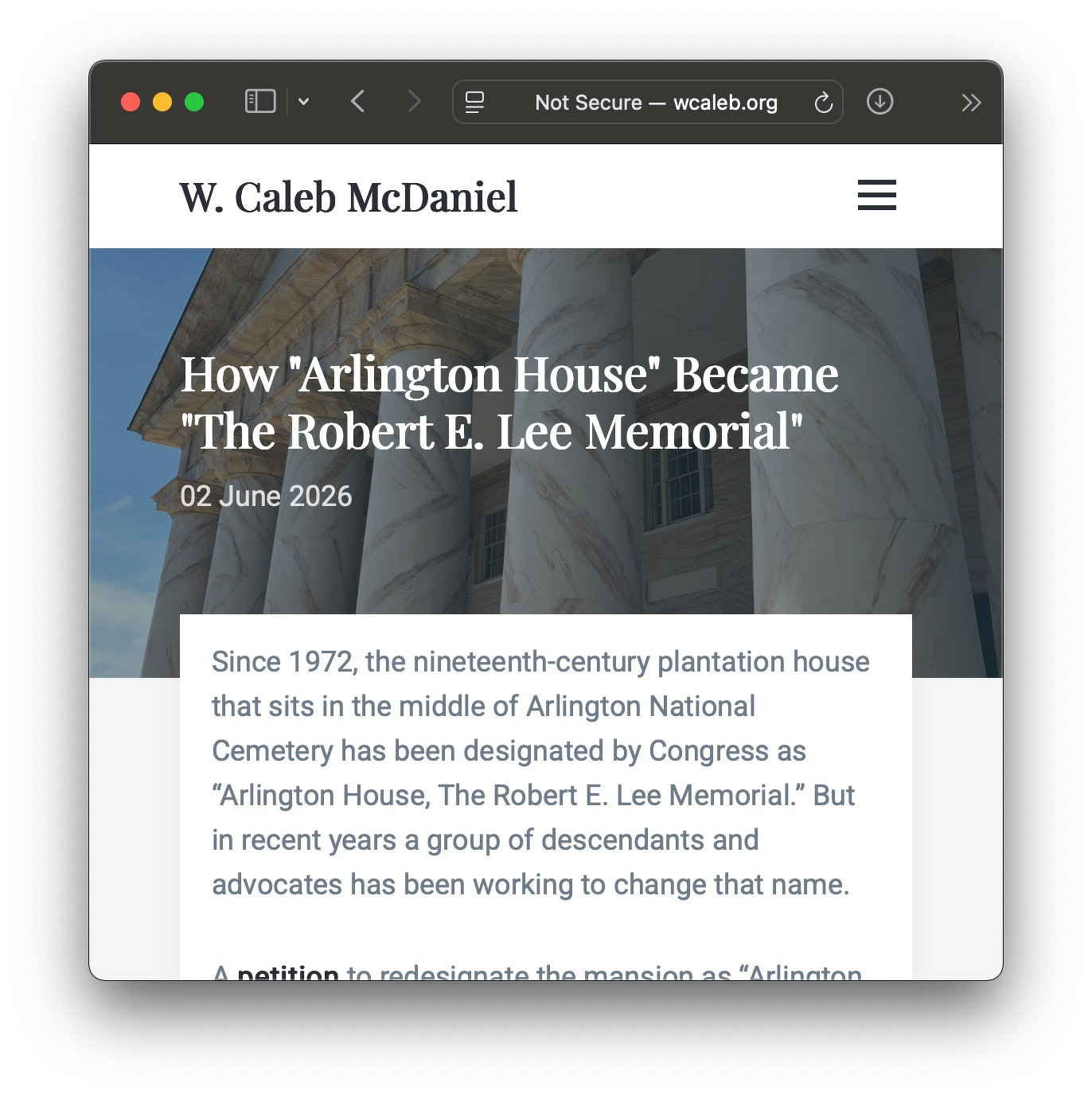 A screenshot of the opening paragraph from my blog post on Arlington House