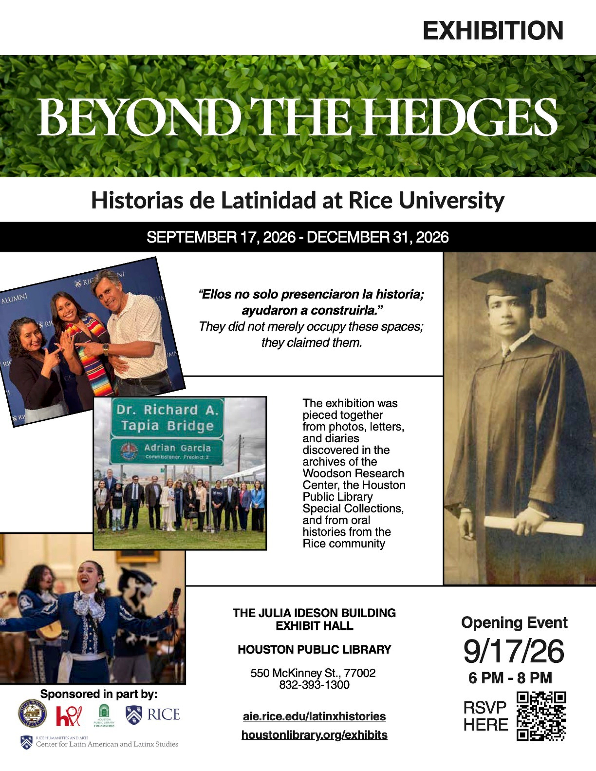 A flyer with information about the Beyond the Hedges exhibition includes four archival photographs