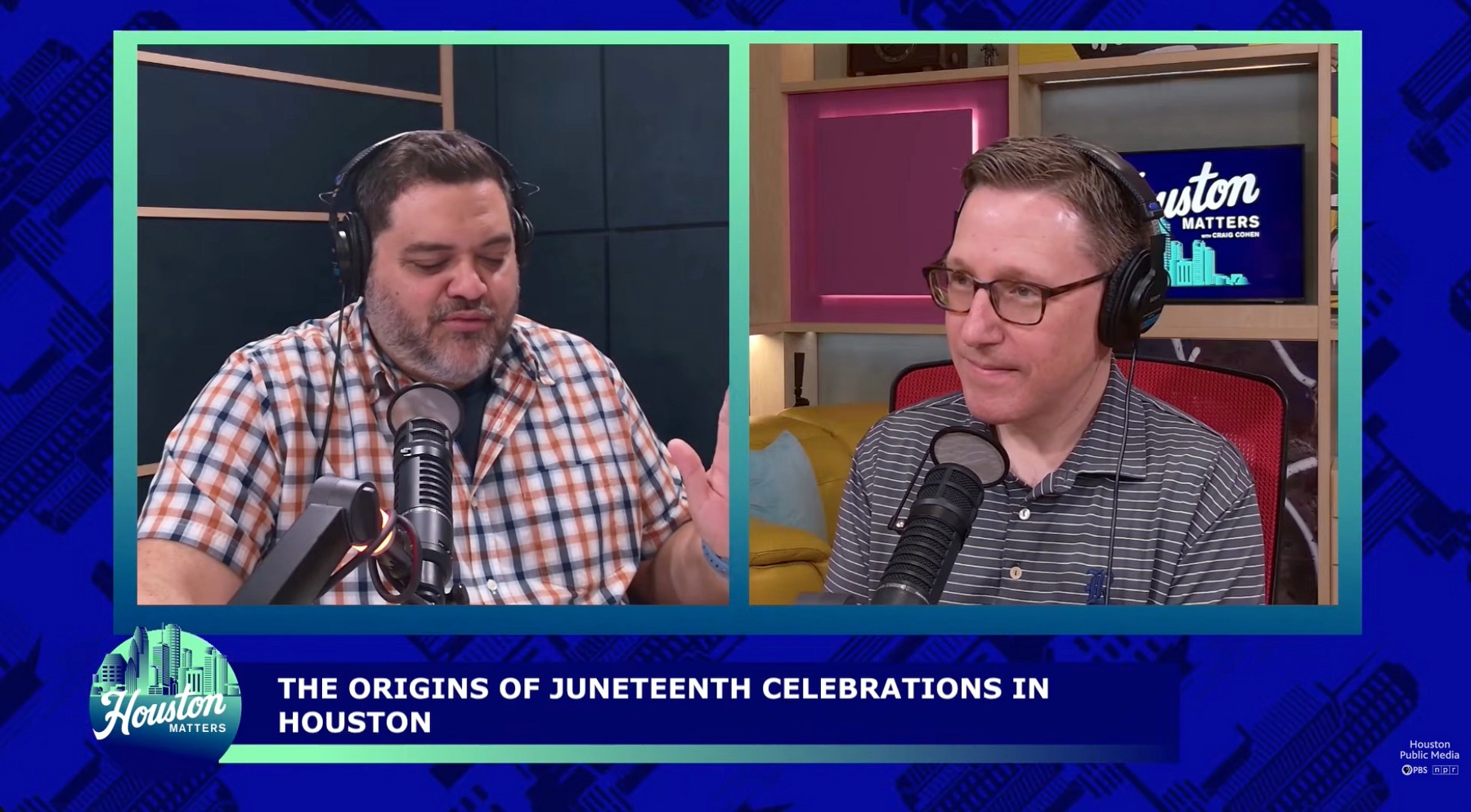 A screenshot of Michael Hagerty (left) and Caleb McDaniel (right) discussing Juneteenth history on the livestream of Houston Matters, a radio show from Houston Public Media.
