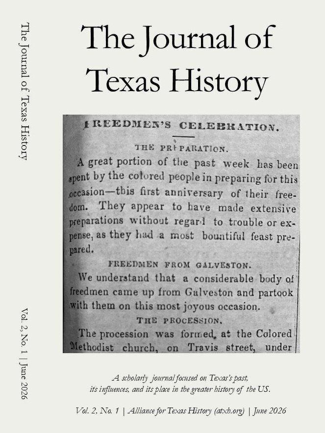 Cover of Volume 2, Issue 1, of the Journal of Texas History, including a photograph of a nineteenth-century newspaper article headlined "Freedmen's Celebration"