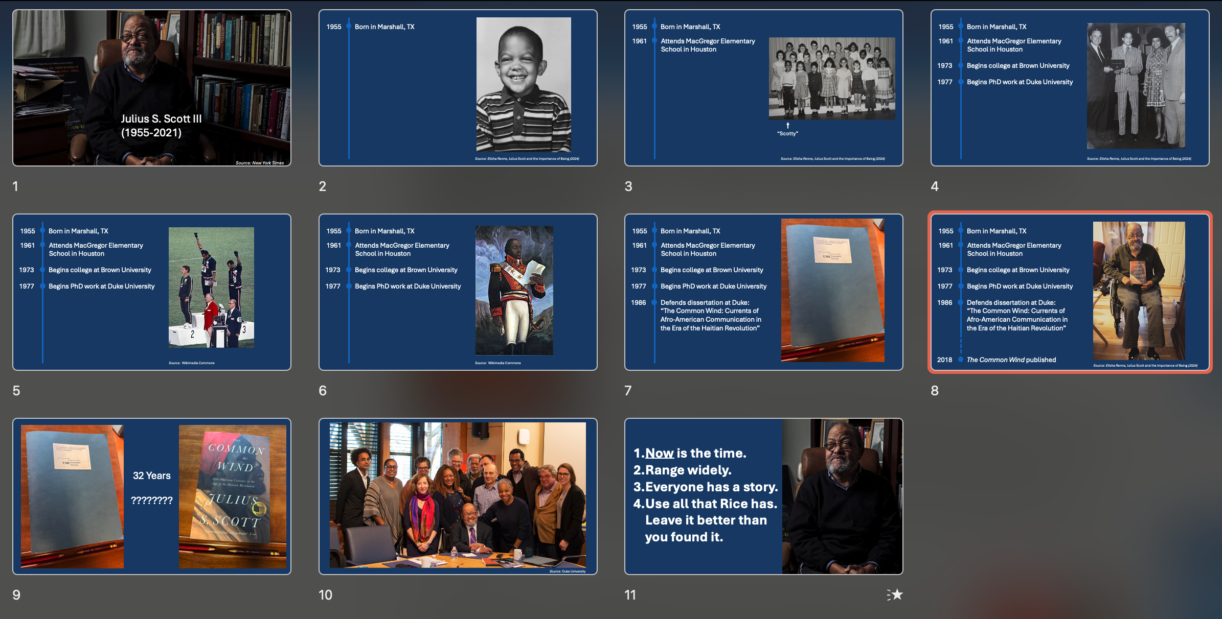 Slides from a powerpoint presentation about historian Julius S. Scott