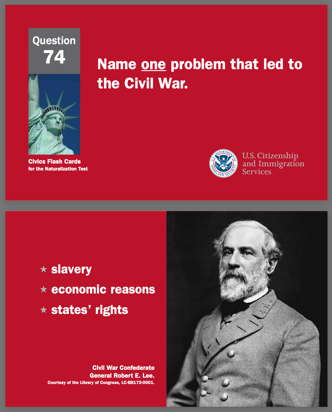 Two red flashcards produced by the US Citizenship and Immigration Services ask about Civil War causation and feature images of the Statue of Liberty and Robert E. Lee