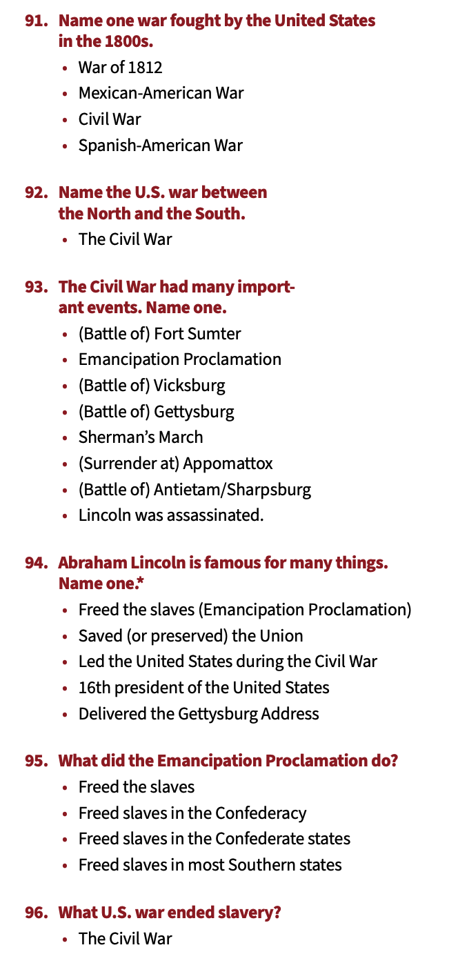 A screenshot of questions about the Civil War from the 2025 US citizenship test published by the USCIS