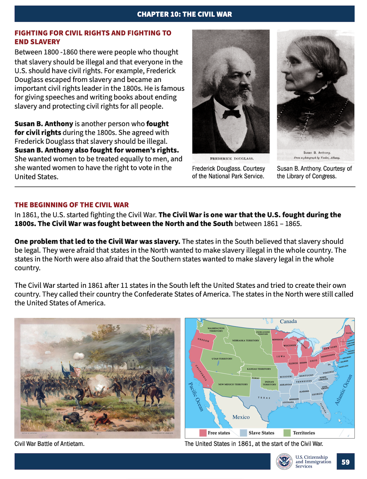 A screenshot of a page from Chapter 10 of a study guide for the U.S. citizenship test from 2025